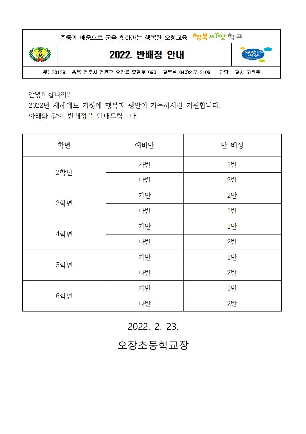 2022. 반배정 안내 가정통신문001